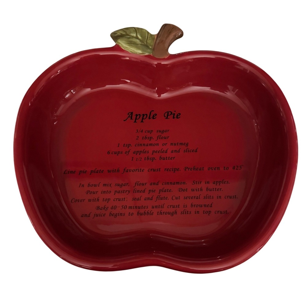 Harvest Red Ceramic Apple Shaped Pie Dish with Printed Recipe Fall Kitchen Decor
